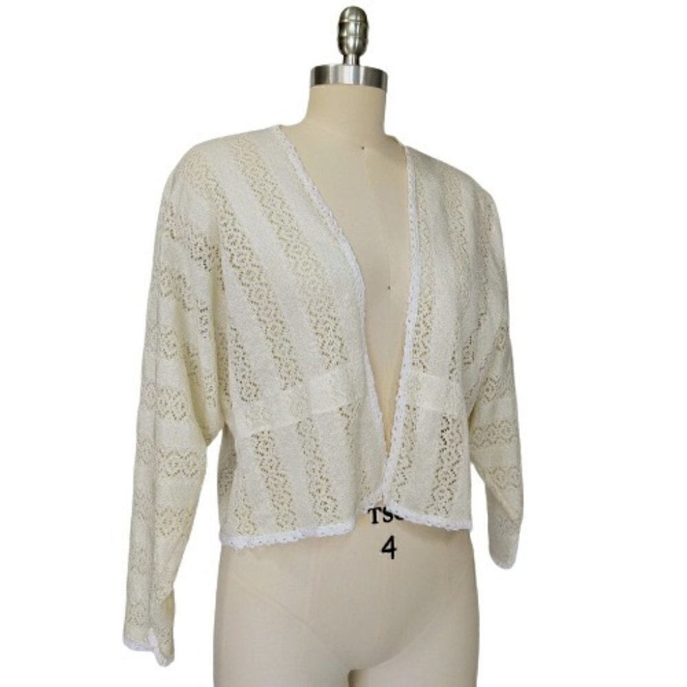 Vintage 70s Lace Cardigan Sweater Size S M Dolman Sleeve Festival Hippie Coastal